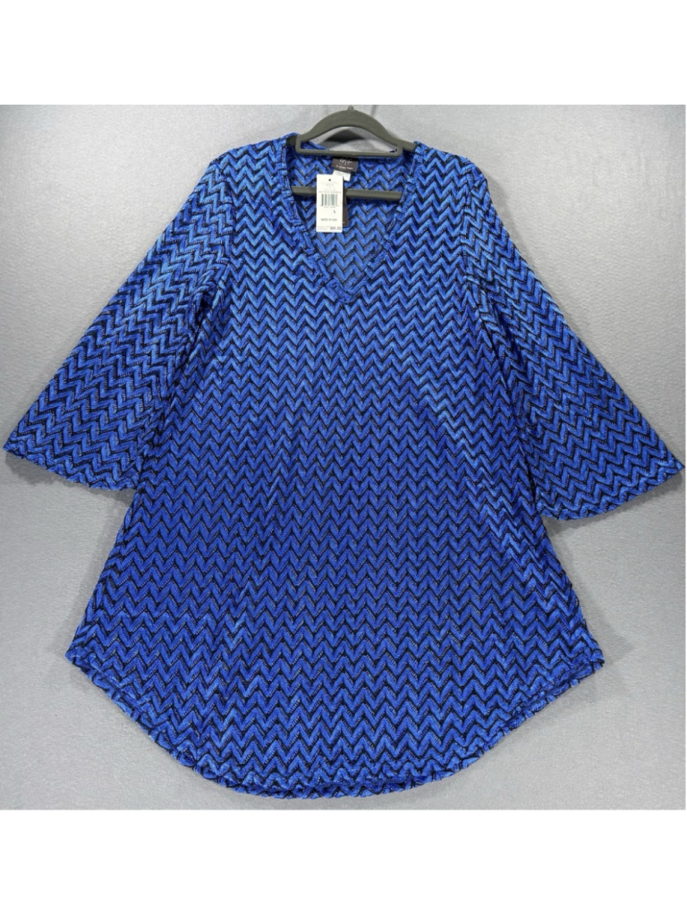 Elif Jordan Taylor Swim Cover Up L Large V-Neck Tunic Chevron Black Royal NWT